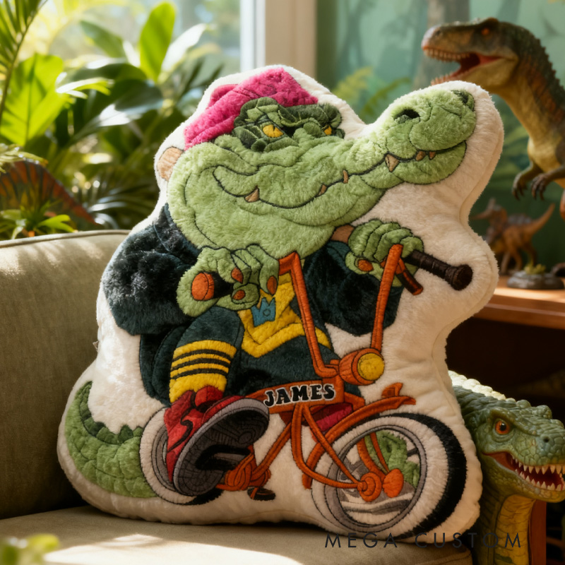 Personalized Crocodile Gang Rider Bike Pillow Cozy Graphic 3D Print Cool Biker Dino Racing Pillow Name Pillow Comfortable Travel Cushion for Kids Boys Riding Lovers