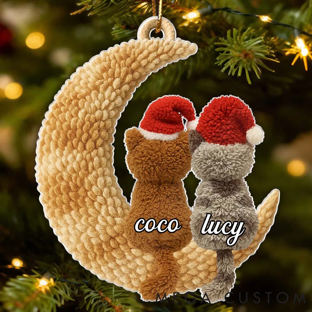 Personalized Cat Lover Cats Sitting on Moon Christmas Ornament