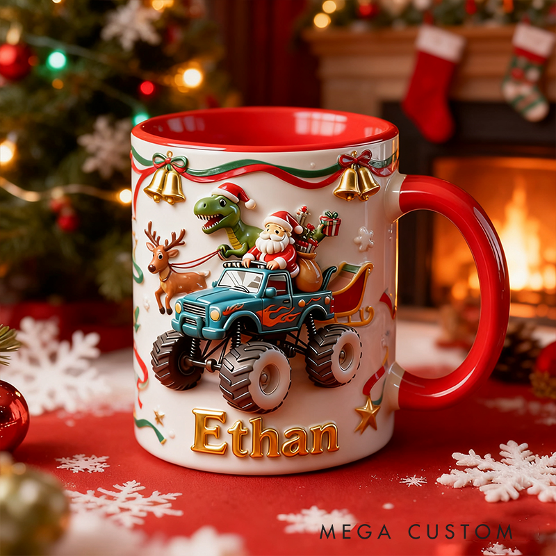 Personalized Christmas Santa Monster Truck 3D Effect Mug with Dinosaur Custom Name Holiday Coffee Cup Gift 