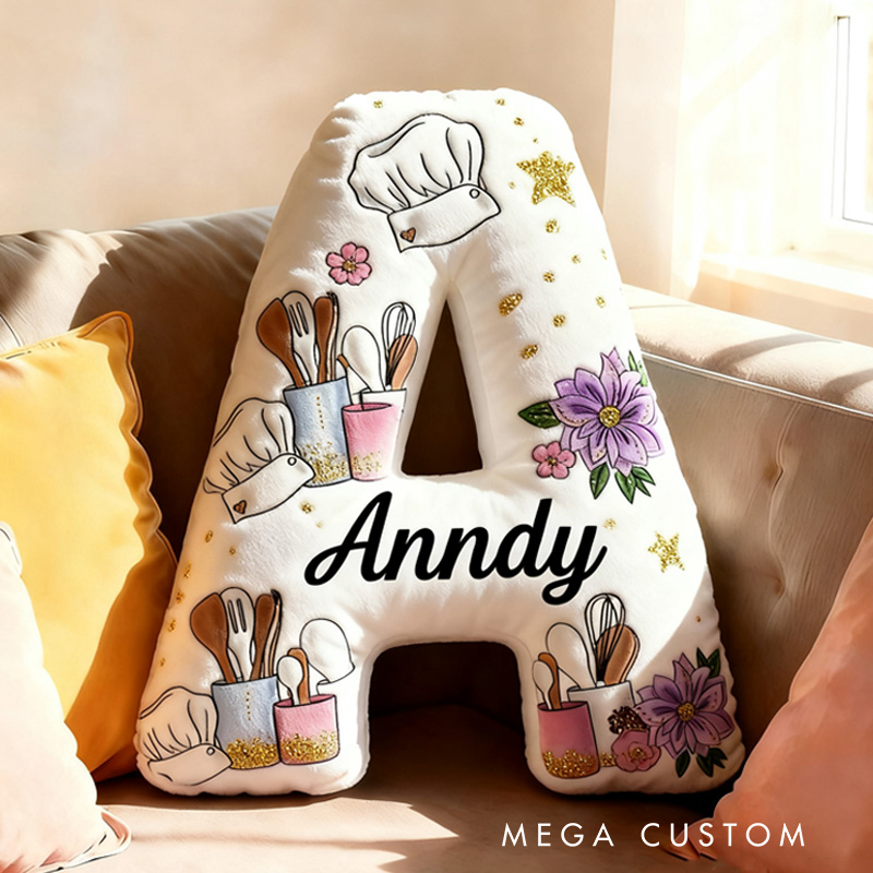 Personalized Baking Tool Alphabet Throw Pillow Chef Hat Letter Pillow with Name for Kids Girl Boy Baking Lover Christmas Gifts Loving Room Decor