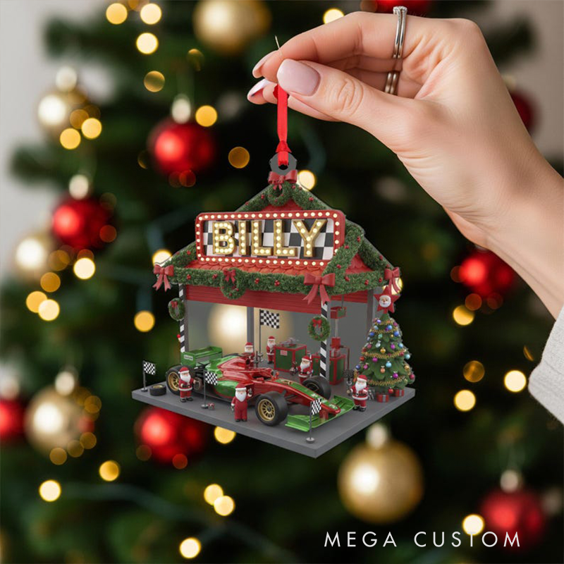 Personalized Racing Garage Christmas Ornament Custom Name Race Car Pit Stop Decoration Racing Fans Holiday Gifts