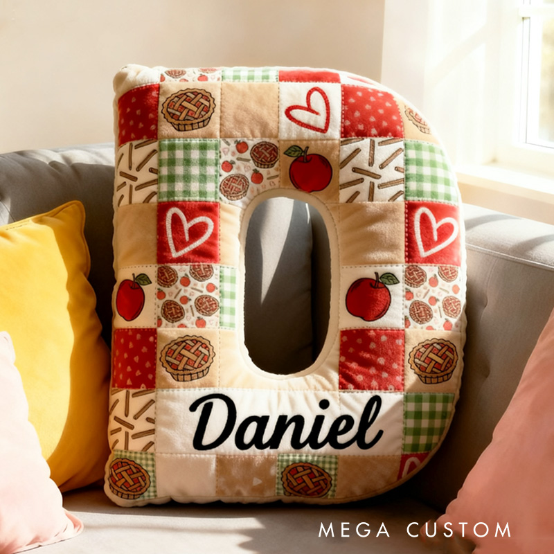 Personalized Apple Pie Patchwork Alphabet Throw Pillow Baking Lover Letter Pillow with Name for Kids Girl Boy Baker Christmas Gifts Loving Room Decor