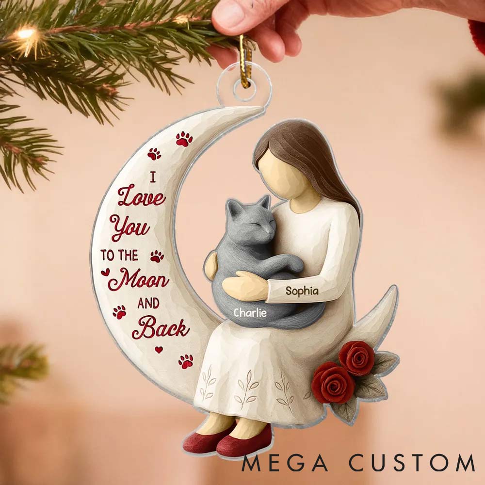 Personalized Cat Lover Roses Wooden Texture Cat Mom On Moon Ornament