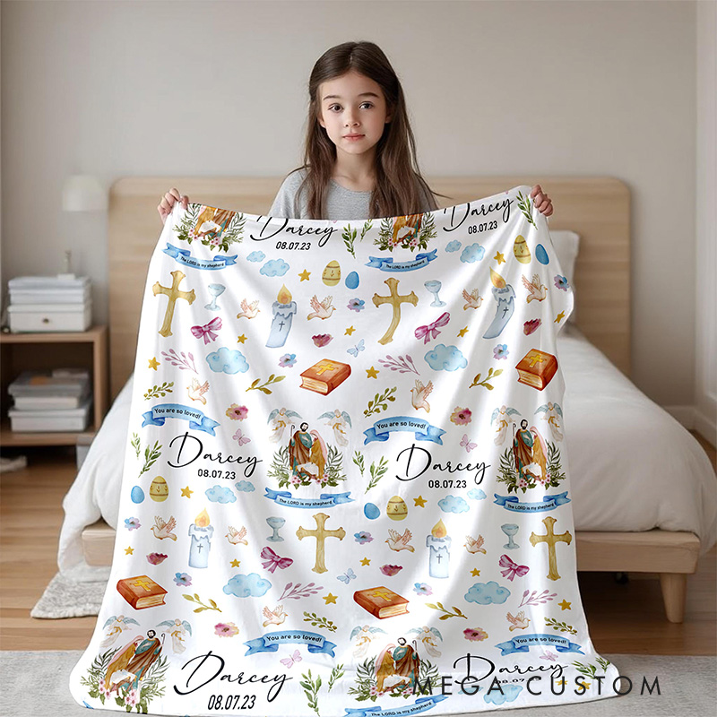 Personalized Holy Saints Soft Throw Blanket with Name and Date Birthday Baby Shower Gift Religious Gift for Kids