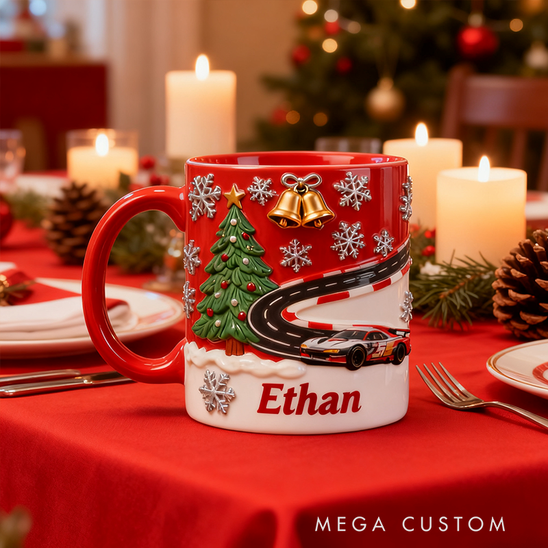 Personalized Christmas Race Car Mug Custom Name Holiday Ceramic Cup Gift for Car Lovers and Racing Fans