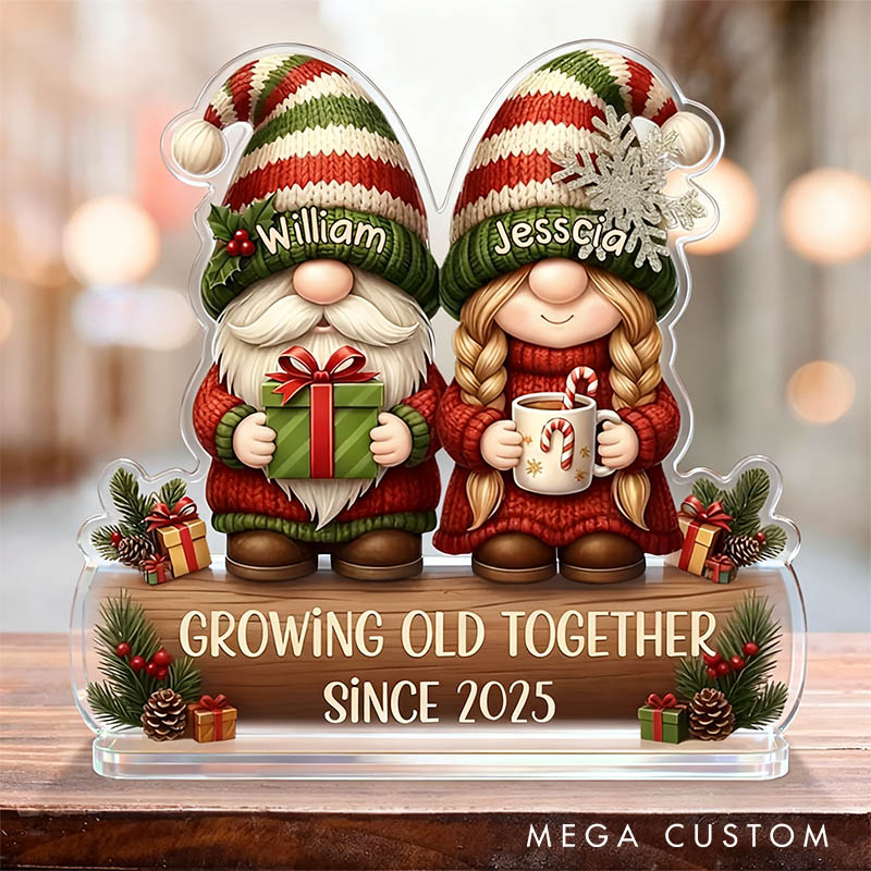 Personalized Couple Gnome Growing Old Together Faux Wood Acrylic Plaque Custom Newlyweds Mr and Mrs Plaque Anniversary Christmas Gift for Him Her