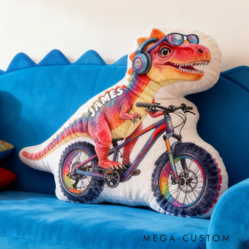 Personalized Dino Rider Bike Pillow Cozy Graphic 3D Print Cool Skull Racing Biker Dino Pillow Name Pillow Comfortable Travel Cushion for Kids Boys Riding Lovers