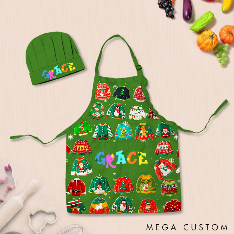 Personalized Ugly Sweater Baking Cookies Adjustable Kid Apron Chef Hat Set with Pocket and Name for Christmas Baking Birthday Holiday Gift for Kids