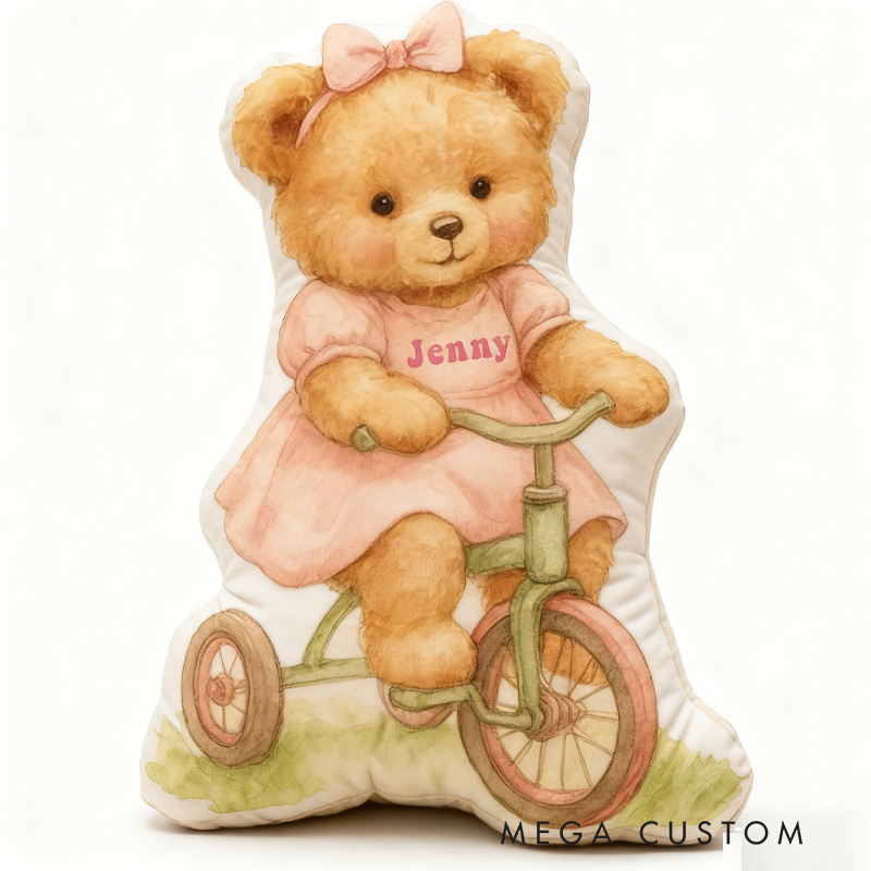 Personalized Bear Bike Pillow Cozy Graphic 3D Print Bow Pillow Name Pillow Comfortable Travel Cushion for Kids Riding Lovers