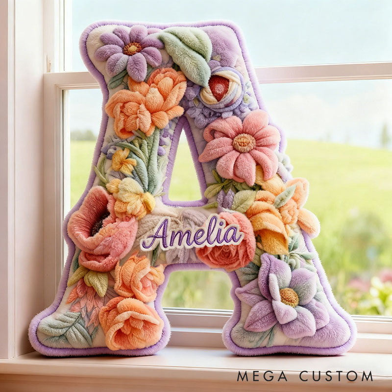 Personalized Flower Girl Purple Floral Graphic 3D Printed Pillow Custom Girl friend Name Cushion Valentine's Day Gift Christmas Gift for Her