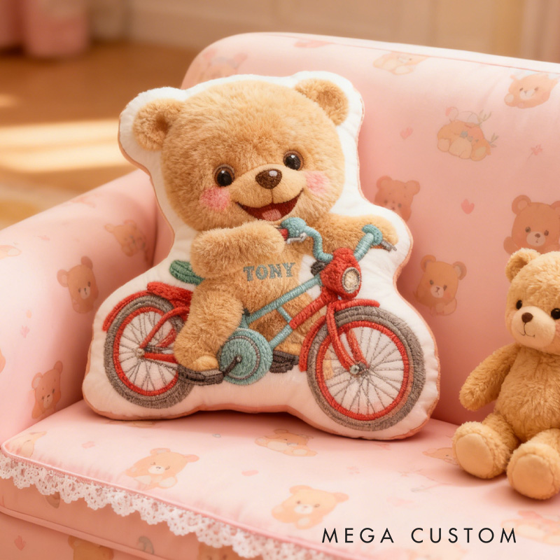 Personalized Bear Bike Pillow Cozy Graphic 3D Print Bow Pillow Name Pillow Comfortable Travel Cushion for Kids Riding Lovers