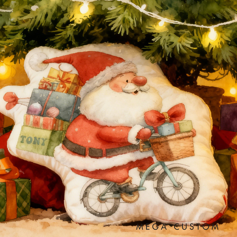 Personalized Xmas Gifts Bike Pillow Cozy Santa Chirstmas Graphic 3D Print Bow Pillow Name Pillow Comfortable Travel Cushion for Kids Riding Lovers