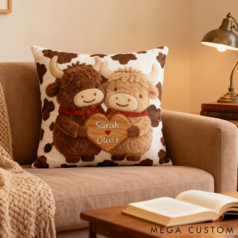 Personalized Couple Highland Cow Design Custom Names Newlyweds Couple Home Pillow Romantic Anniversaries Gift for Husband Wife Home