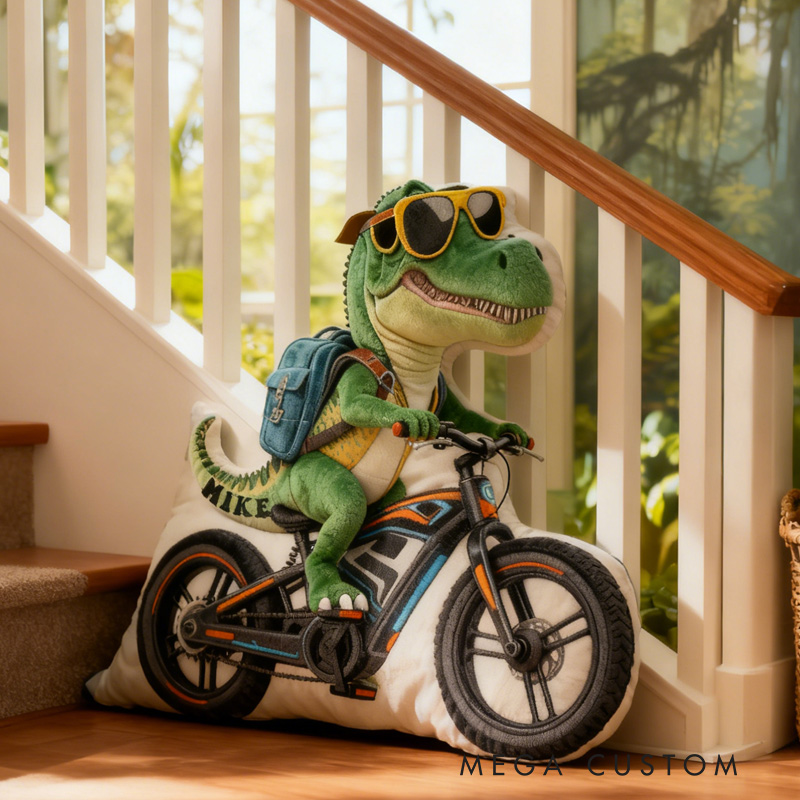 Personalized Dino Rider Bike Pillow Cozy Graphic 3D Print Cool Racing Biker Dino Pillow Name Pillow Comfortable Travel Cushion for Kids Boys Riding Lovers
