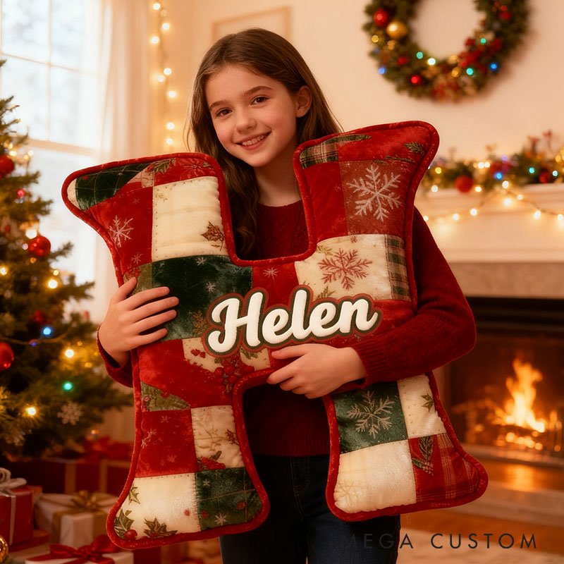 Personalized Girl friend Christmas Patchwork Graphic 3D Printed Pillow Custom Flower Girl Name Christmas Cushion Christmas Gift for Him Her Couple