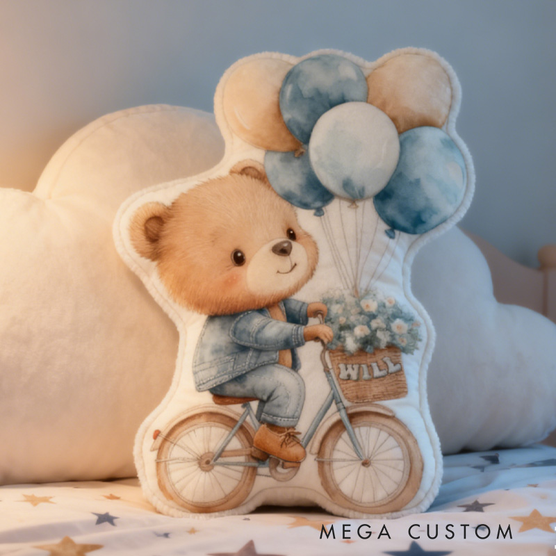 Personalized Teddy Riding Pillow Cozy Lovely Graphic 3D Print Bicycle Throw Pillow Name Pillow Comfortable Balloon Travel Cushion for Kids Girls Riding Lovers