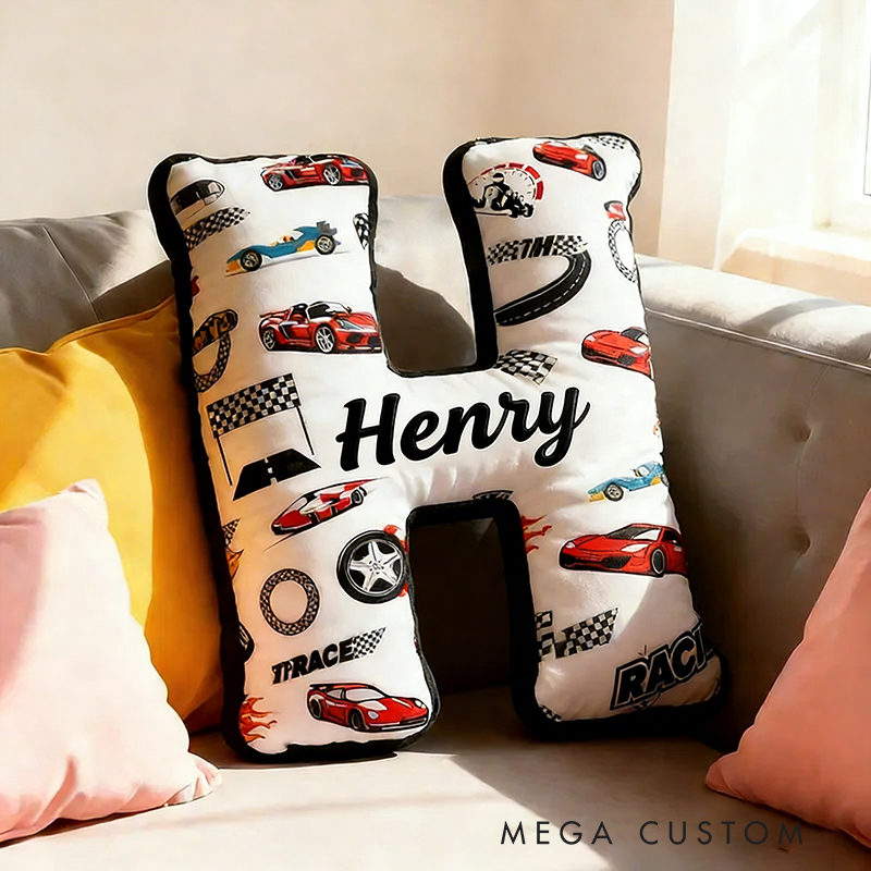 Personalized Racing Letter Pillow 3D Graphic Print Custom Name Alphabet Cushion with Stacked Racing Elements