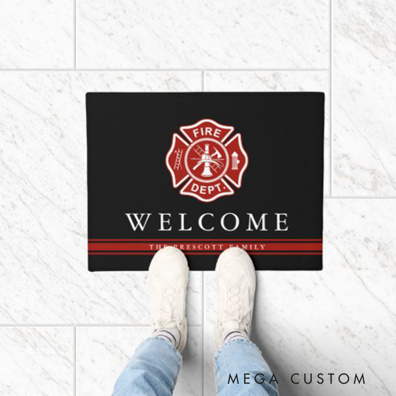 Personalized Firefighter Doormat Custom Family Name Fire Dept Welcome Mat Front Door Rug Gift for Firefighter Families