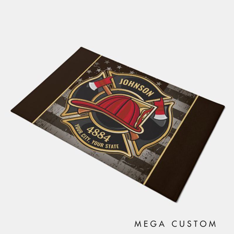 Personalized Firefighter Doormat Custom Name, Number & Text USA Flag Fire Dept Entry Rug Gift for Fireman Families
