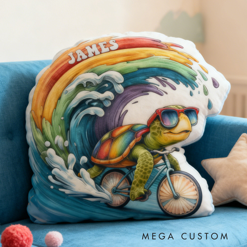 Personalized Sea ​​Turtle Rider Bike Pillow Cozy Graphic 3D Print Cool Racing Biker Rainbow Ocean Pillow Name Pillow Comfortable Travel Cushion for Kids Boys Riding Lovers