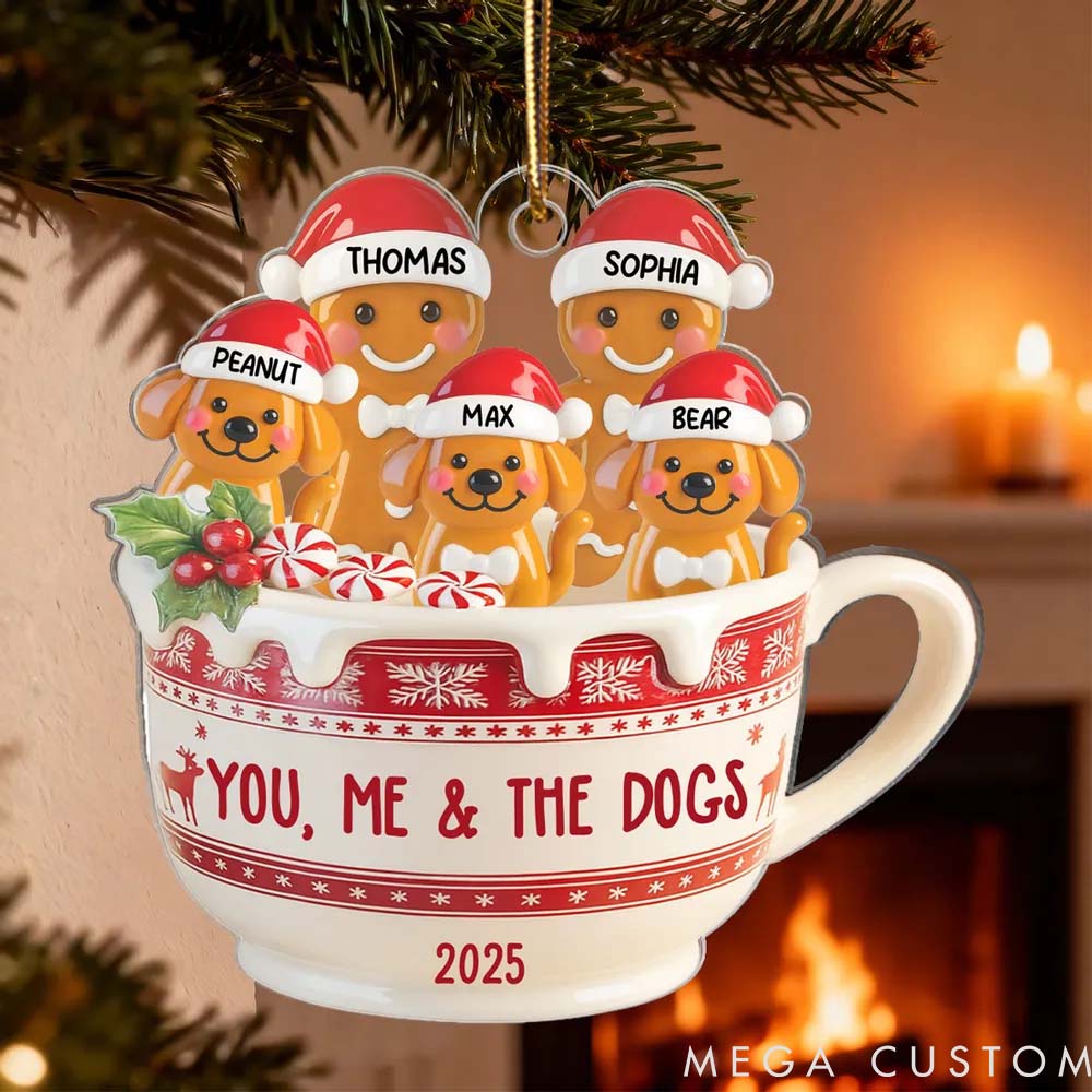 Personalized Pet Lover Gingerbread Couple and Pet in Hot Cocoa Christmas Ornament