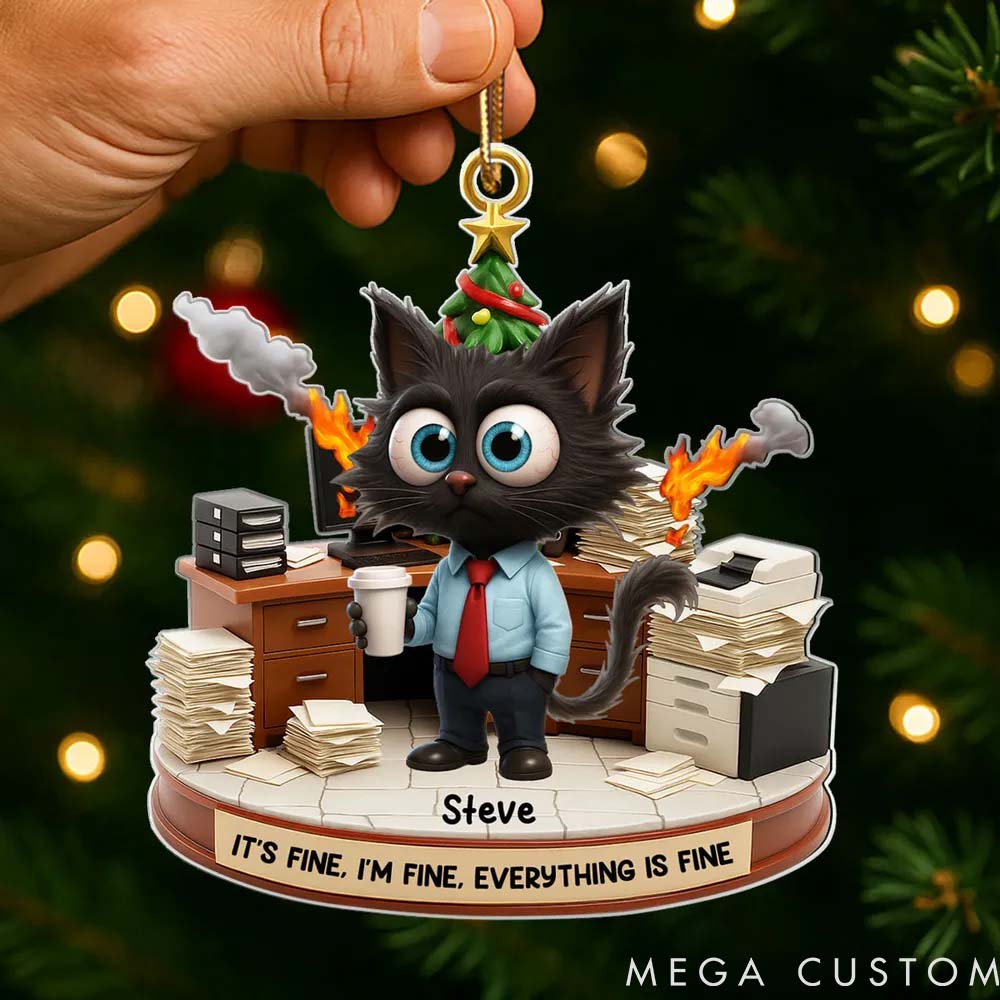Personalized Cat Lover Office Chaos It is Fine We are Fine Funny Cat Christmas Ornament