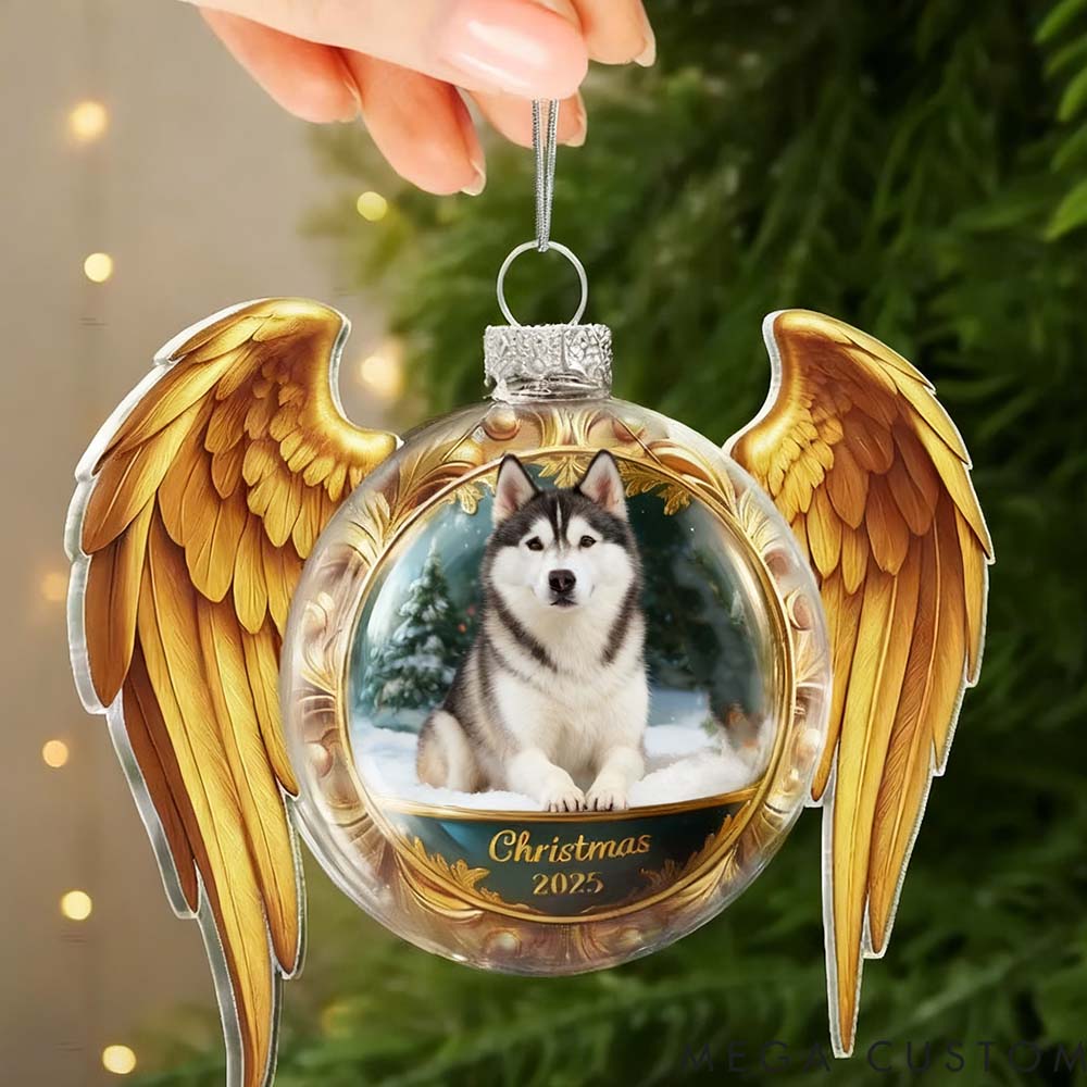 Personalized Pet Lover Custom Photo Golden Wings Christmas Memorial Acrylic Ornament
