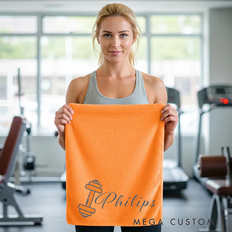 Personalized Gym Hand Towel with Dumbbell Print and Custom Name Perfect for Fitness Enthusiasts Bodybuilders and Gym Lovers