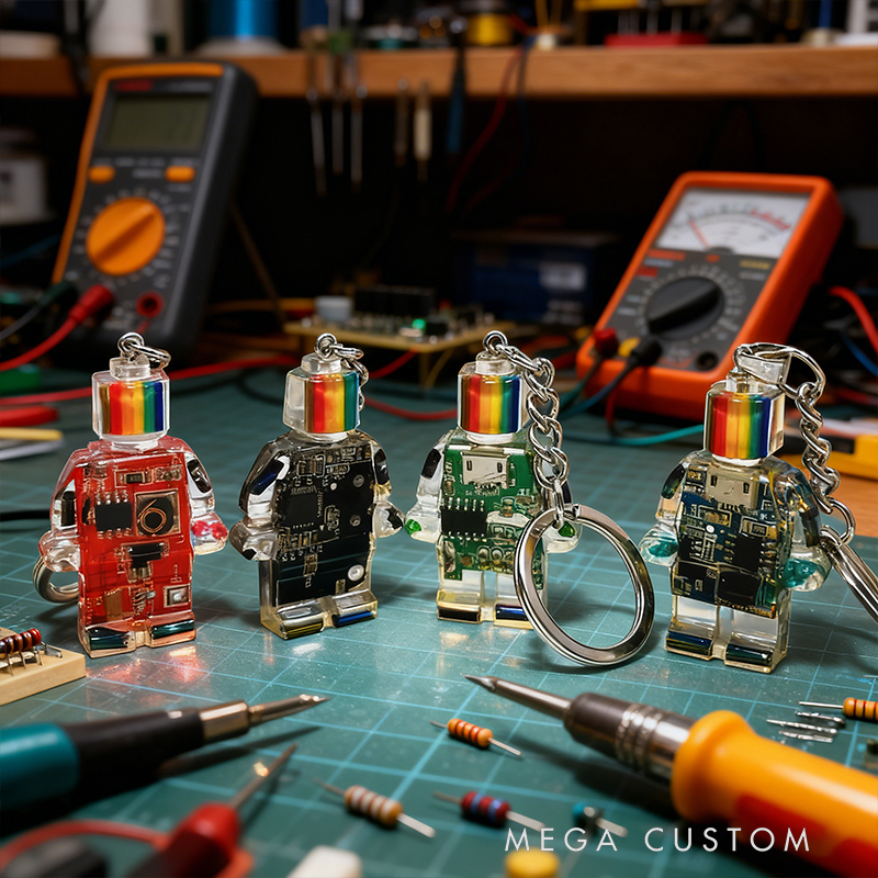 Rainbow Head Circuit Board Robot Keychain - Upcycled Circuit Board Robot Keychain Unique Resin Craft, Tech-Inspired Accessory for Geeky Gifts & Daily Style 