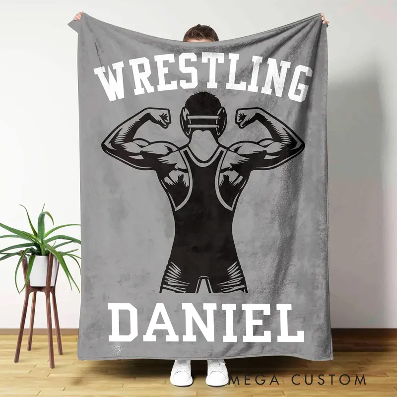 Personalized Multicolor Wrestling Silhouettes Soft Throw Blanket with Name and Text Housewarming Game Anniversary Gift for Wrestling Gym Lover