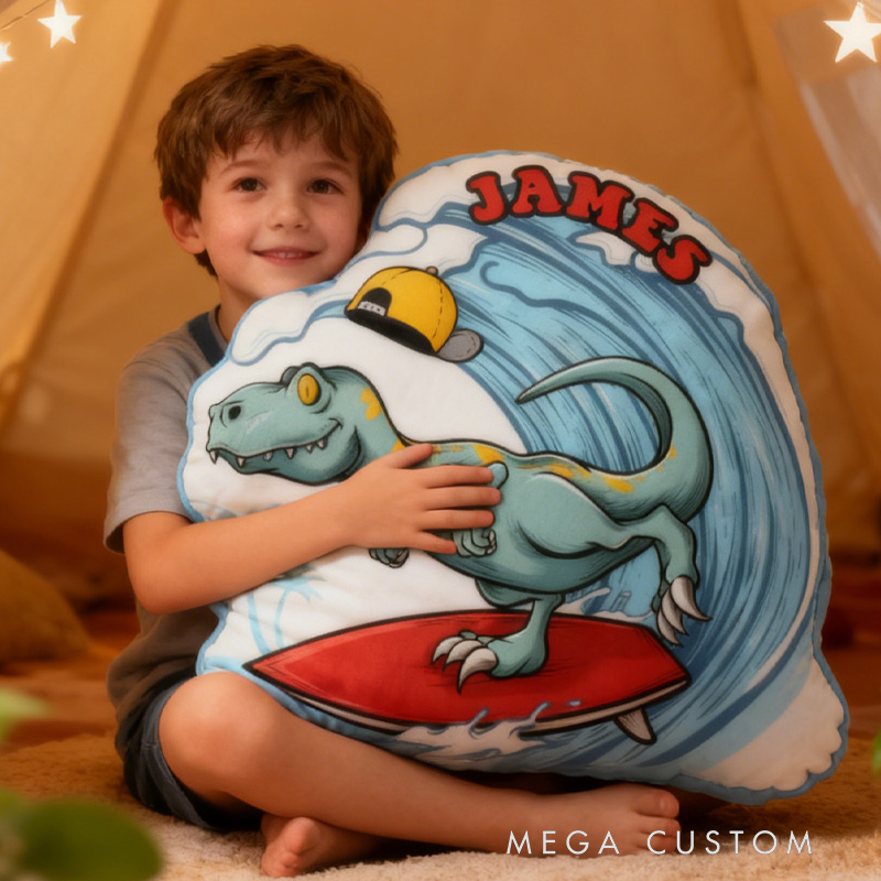 Personalized Suring Dino Pillow Rainbow Throw Pillow Graphic 3D Print Surfing Skateboarding Fitness Decoration Pillow Exercise Sport Pillow for Kids Surfing Skateboarding Lovers
