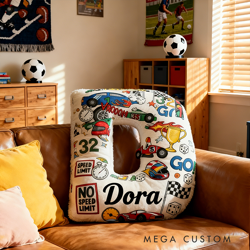 Personalized Racing Letter Pillow with Custom Name Stacked Car Elements Initial Cushion for Car Lovers