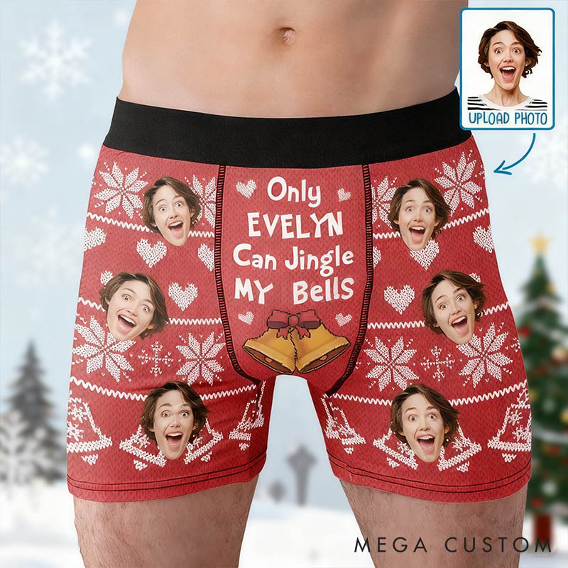 Personalized Girlfriend Wife Face Photo Boxer Briefs Men Ugly Sweater Design Christmas Underwear Only Her Can Jingle My Bells Boyfriend Husband Gift