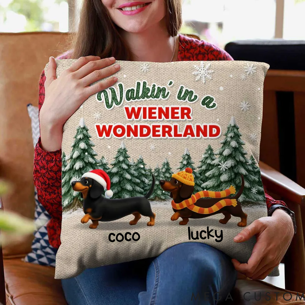 Personalized Dog Lover Christmas Dachshunds Walking in a Wiener Wonderland Throw Pillows