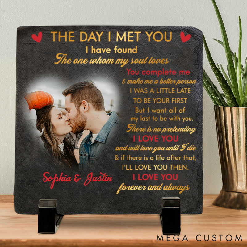 Personalized Couple Photo The Day I Met You Heart and Square Shaped Stone with Stand First Christmas Gift for Boyfriend Girlfriend Valentines Day Gift
