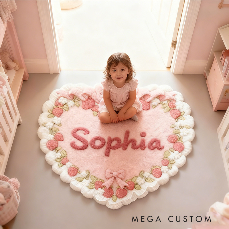 Personalized Heart Name Custom Soft Decorative Gift Pink Strawberry Style Cute Cozy Bedroom Lovely Bow Sweet Princess Room Comfort Floor Mat Carpet Rug for Kids