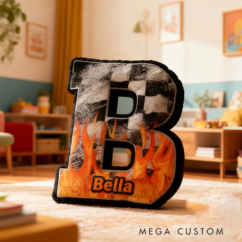 Personalized Racing Flame Letter Pillow Custom Name Initial Cushion Checkered Flag and Fire Design Decorative Gift