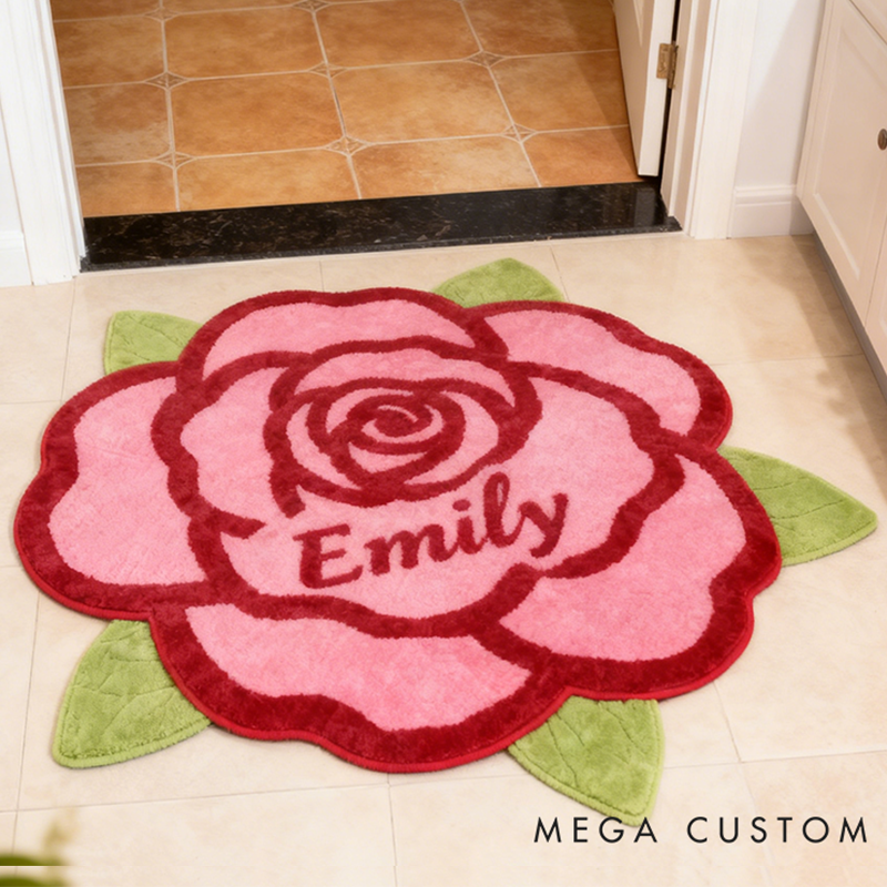 Personalized Rose Flower Shaped Door Mat with Name Anniversary Gift For Her Home Decor Birthday Gift For Girlfriend Holiday Decoration