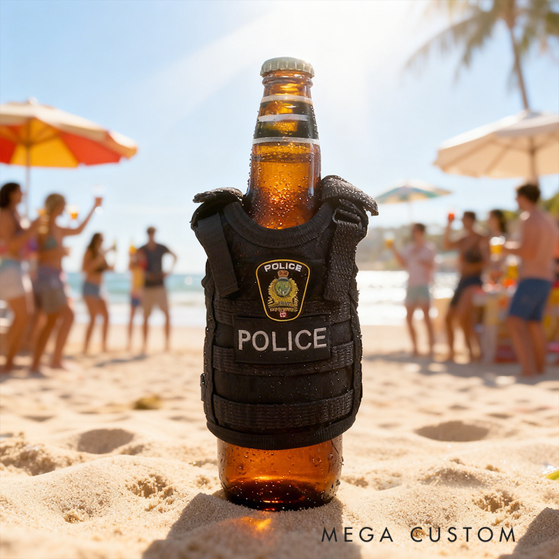 Personalized Police Vest Beer Bottle Cooler - Novelty Tactical Beverage Insulator, Funny Gift for Cops & Beer Lovers