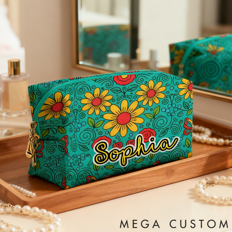 Personalized Multicolored Bright Sunflower Toiletry Bag Custom Name for Kids Travel Gifts and Daily Use
