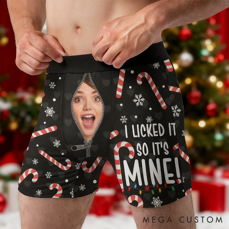Personalized Girlfriend Wife Face I Licked It So It's Mine Christmas Boxer Briefs Men Underwear with Face Photo Xmas Gift for Him Boyfriend Husband