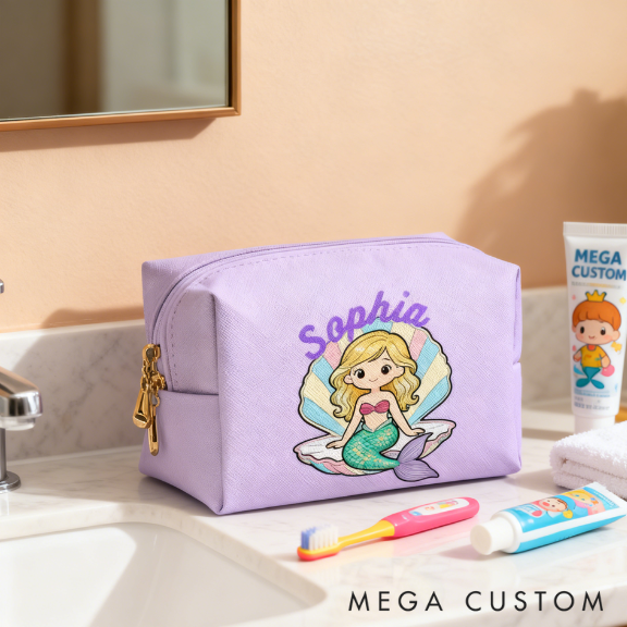 Personalized Cute Mermaid Toiletry Bag Custom Name for Kids Travel Gifts and Daily Use