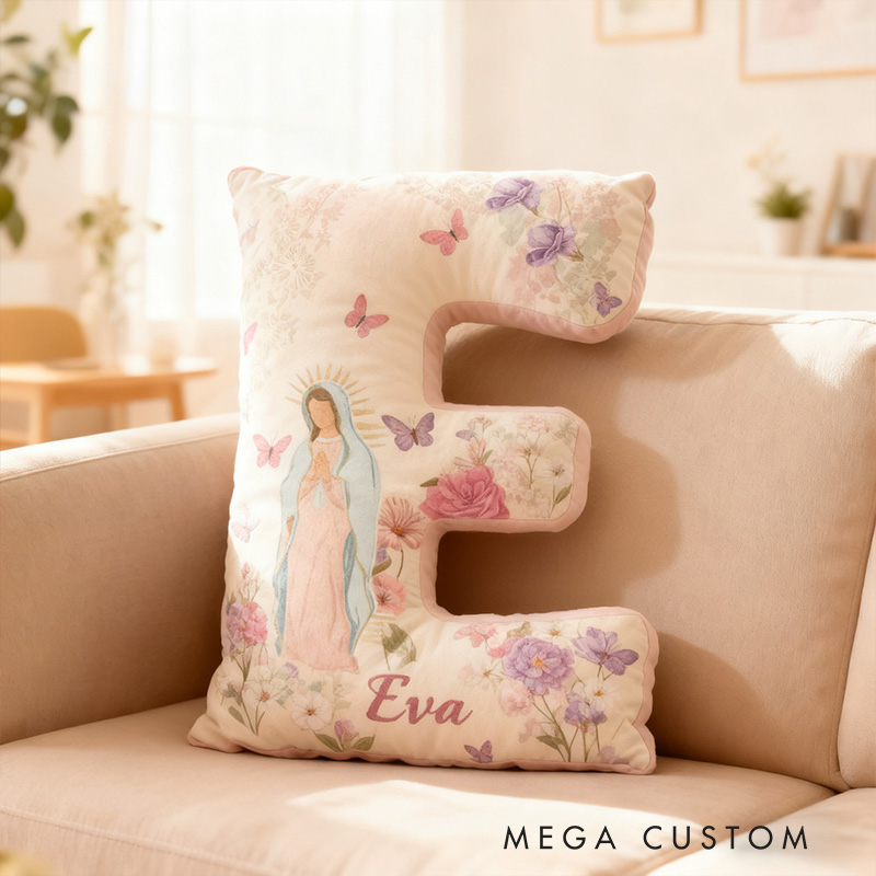 Personalized Virgin Mary Letter Pillow with Custom Name Catholic Home Decor Religious Gift for Her Floral Butterfly Graphic 3D Print Pillow