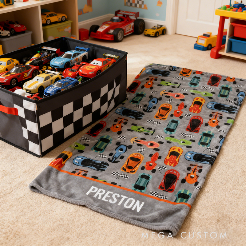 Personalized Sporty Colorful Racing Cars Personalized Blanket Custom Name Soft Fleece Throw Gift for Racing and Car Lovers