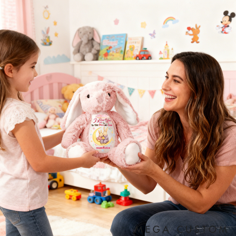 Personalized Pretty Bunny Plush Toy Custom Name a Cuddle on the Crescent Special Gift for Family Members