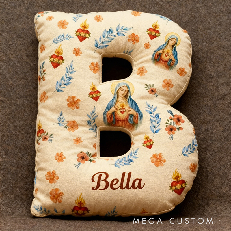 Personalized Immaculate Heart of Virgin Mary Letter Pillow with Custom Name Catholic Home Decor Religious Gift for Her Graphic 3D Print Pillow