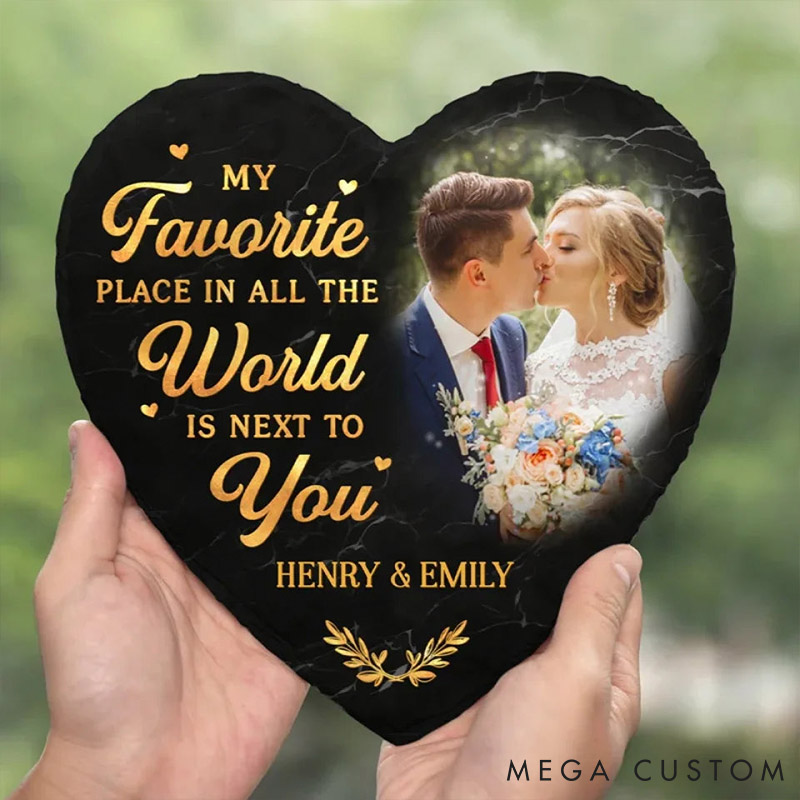 Personalized Couple Photo My Favorite Place in All the World is Next to You Heart Shaped Stone with Stand Christmas Valentines Day Gift for Him Her