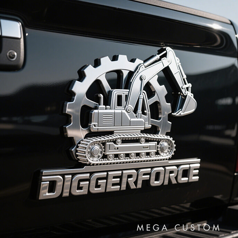 Personalized 3D Excavator & Gear Metal Emblem - Heavy Machinery Enthusiast Car Badge, Premium Truck/SUV Decal