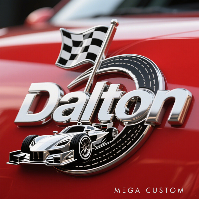 Personalized Racing Steering Wheel & Checkered Flag Metal Emblem - Custom Name Car Badge for Motorsport Enthusiasts