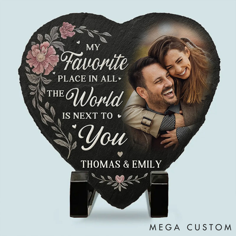 Personalized Couple Photo Floral My Favorite Place in All the World is Next to You Heart Shaped Stone with Stand Christmas Valentines Day Gift